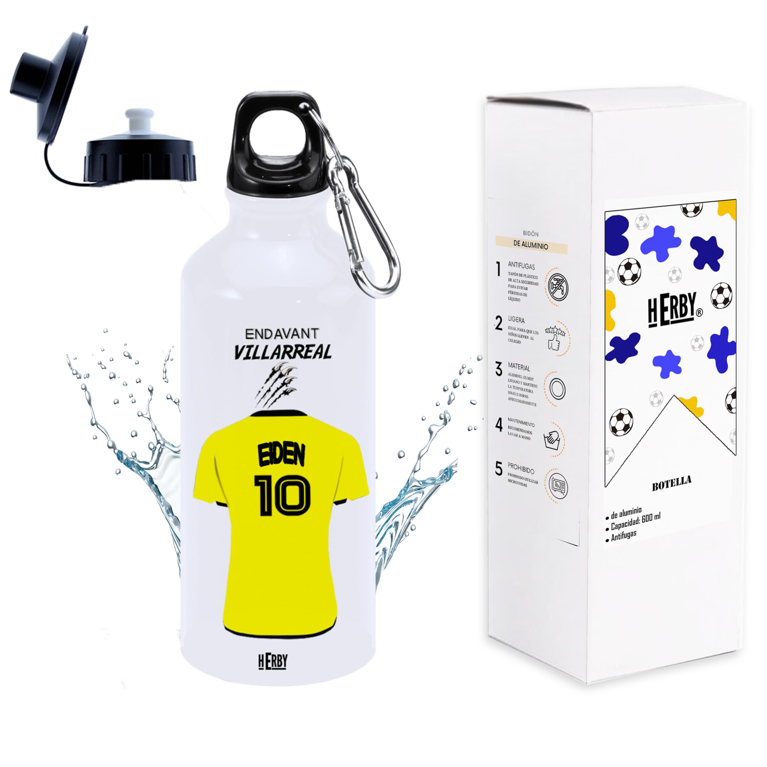 botella de agua del Alaves para niños personalizada con nombre y número es un bidón de aluminio liviano para fanáticos del futbol cantimplora del Alaves de 600 ml con dos tapones(Alavesbidón)