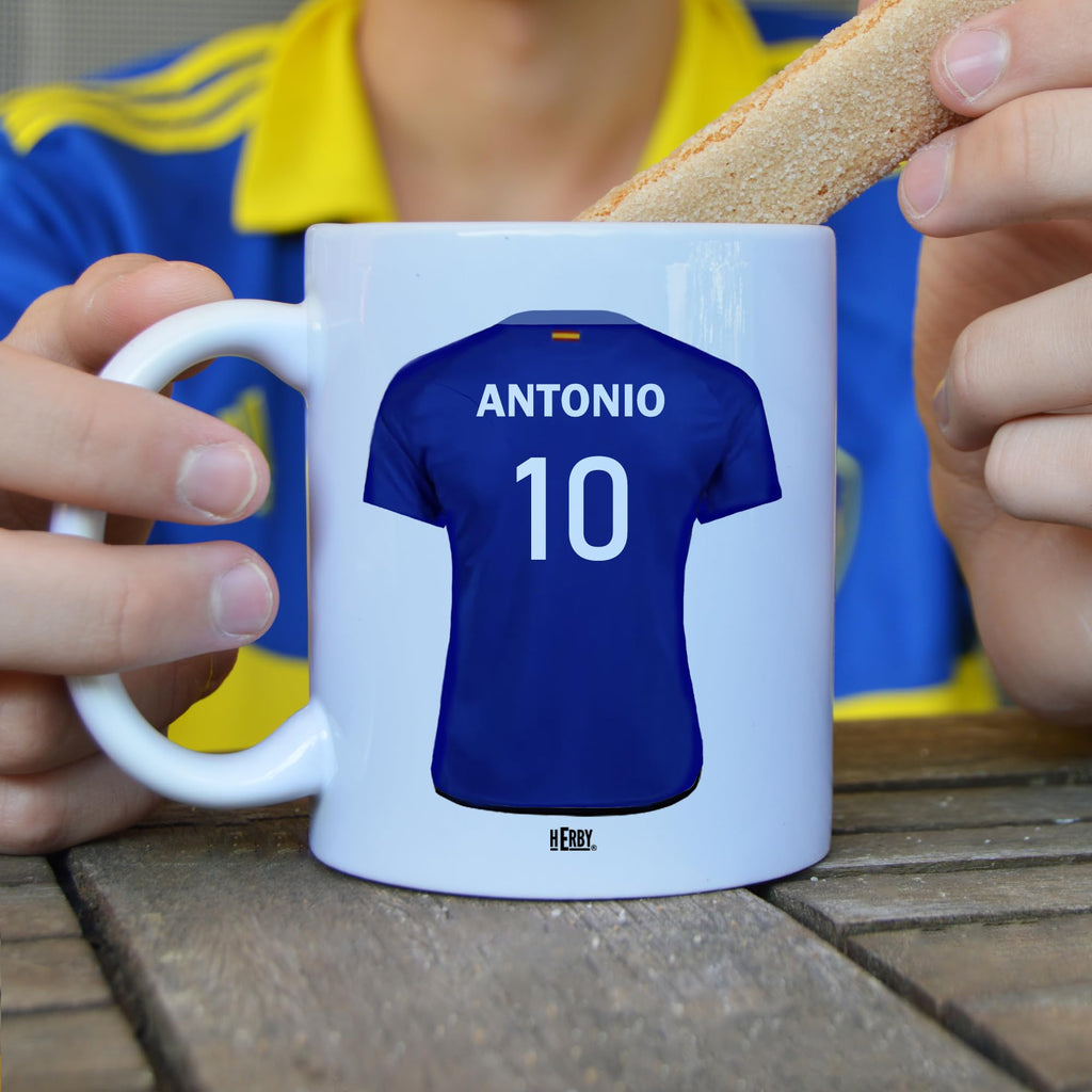 Taza del Almería personalizada con nombre y número más llavero del Almería caja de regalos del Almería taza de cerámica para te café o chocolate de 325 ml regalos para fanáticos del futbol(Almeríax2c)