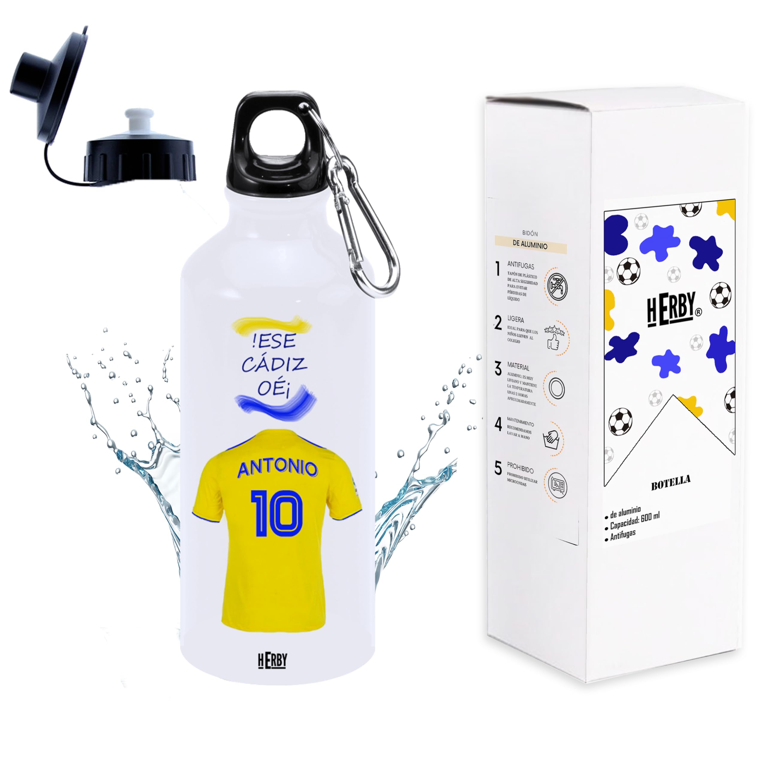 botella de agua del Alaves para niños personalizada con nombre y número es un bidón de aluminio liviano para fanáticos del futbol cantimplora del Alaves de 600 ml con dos tapones(Alavesbidón)