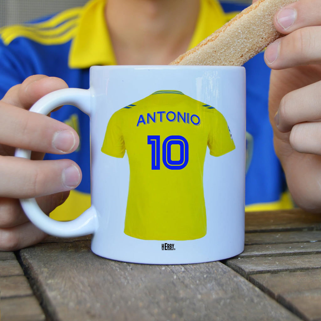 Taza del Almería personalizada con nombre y número más llavero del Almería caja de regalos del Almería taza de cerámica para te café o chocolate de 325 ml regalos para fanáticos del futbol(Almeríax2c)