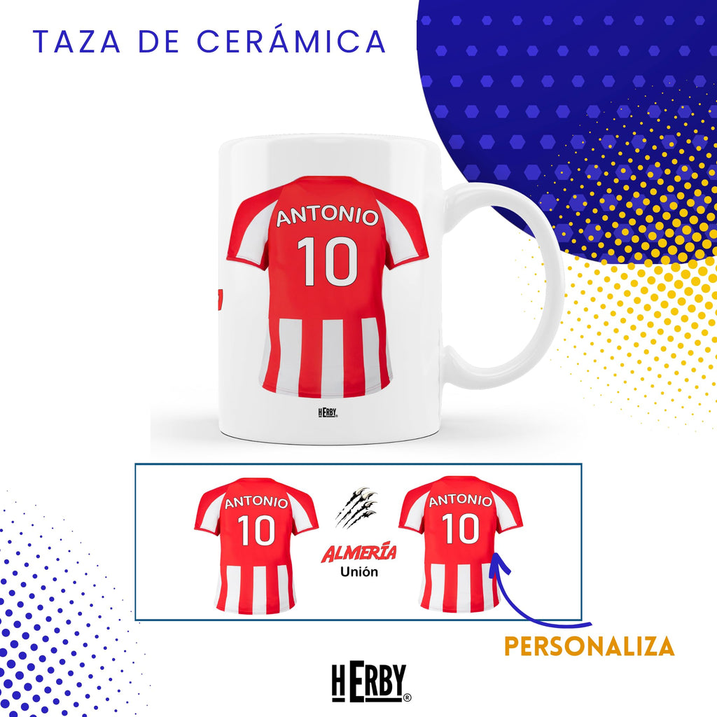 Taza del Almería personalizada con nombre y número más llavero del Almería caja de regalos del Almería taza de cerámica para te café o chocolate de 325 ml regalos para fanáticos del futbol(Almeríax2c)