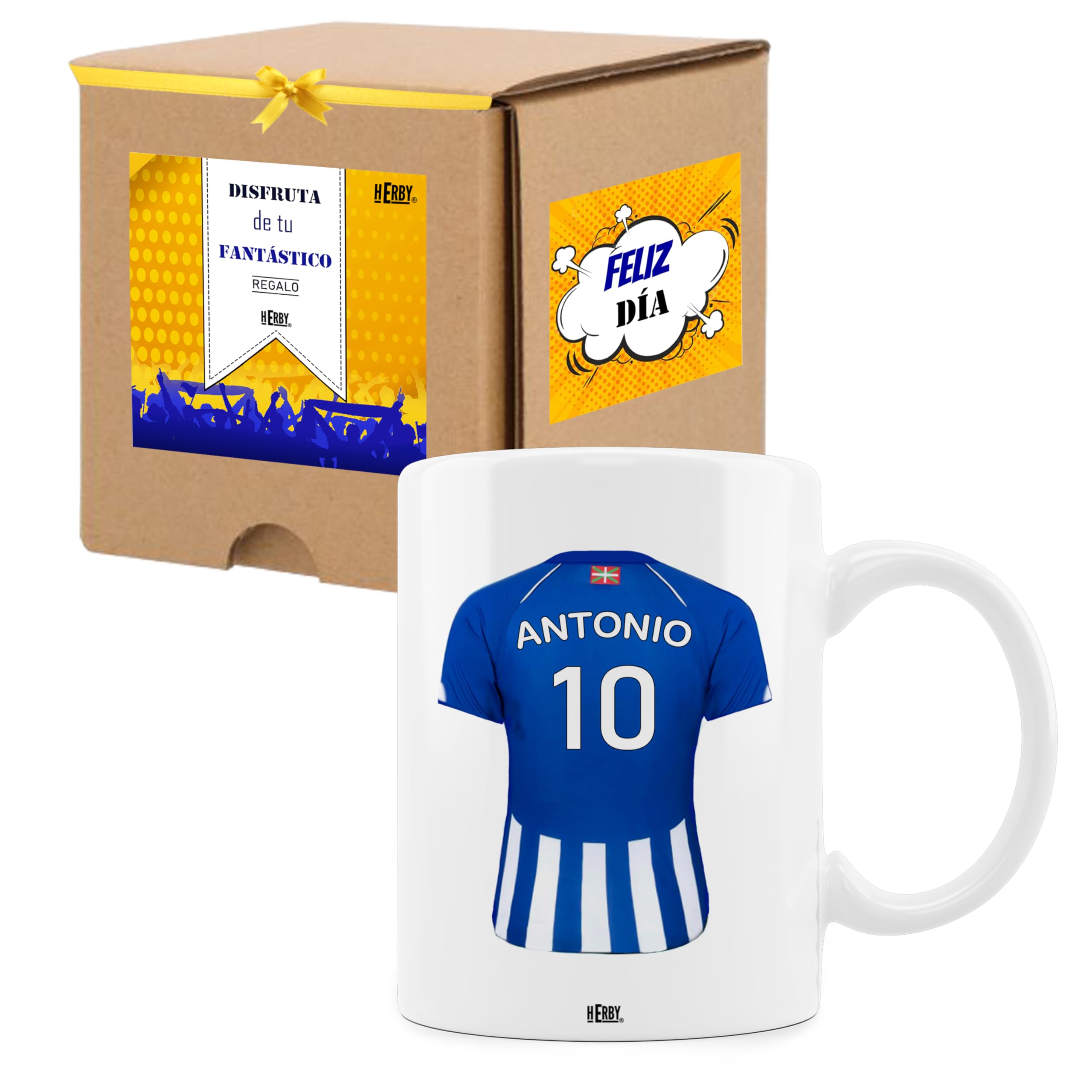 Taza del Almería personalizada con nombre y número más llavero del Almería caja de regalos del Almería taza de cerámica para te café o chocolate de 325 ml regalos para fanáticos del futbol(Almeríax2c)