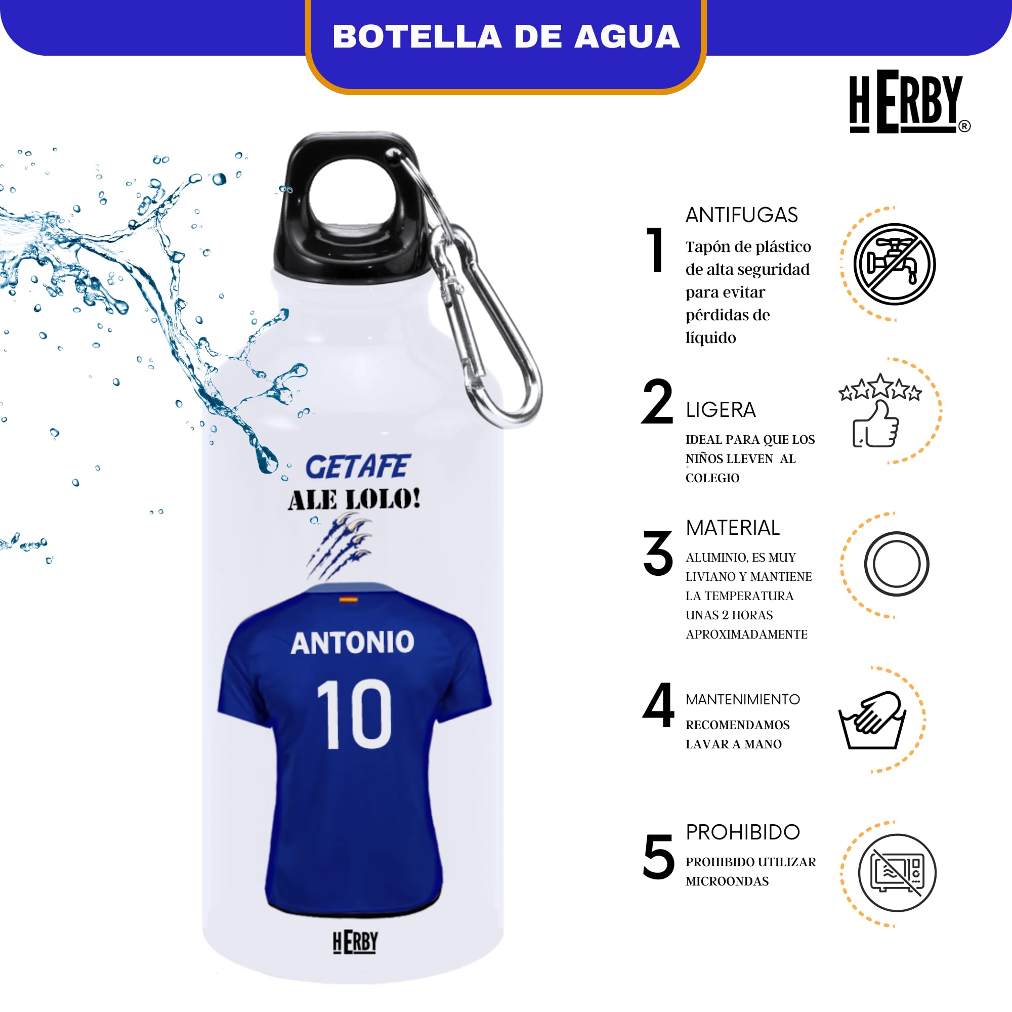 botella de agua del Alaves para niños personalizada con nombre y número es un bidón de aluminio liviano para fanáticos del futbol cantimplora del Alaves de 600 ml con dos tapones(Alavesbidón)