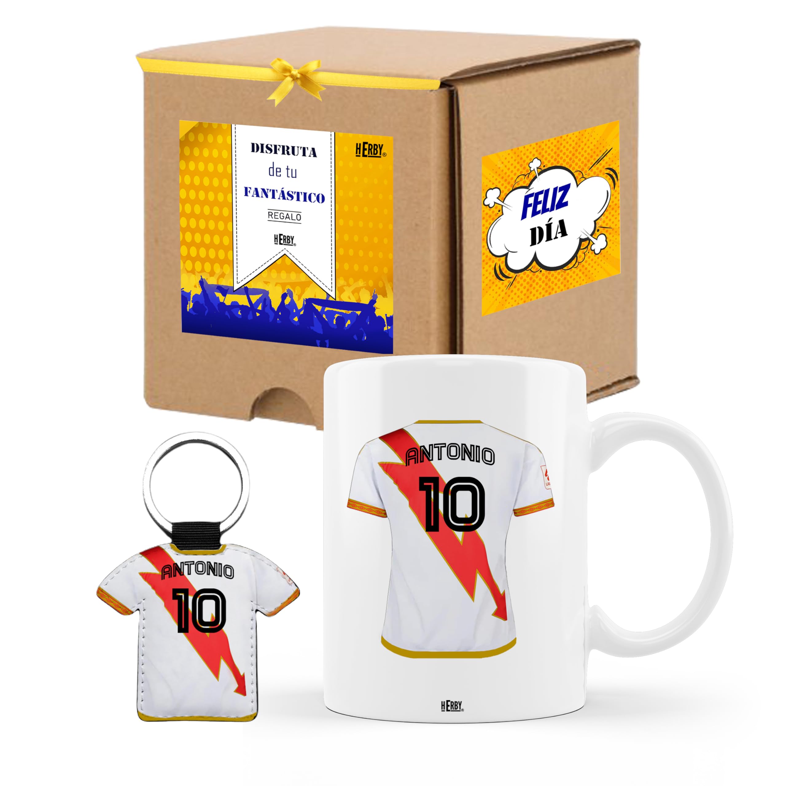 Taza del Almería personalizada con nombre y número más llavero del Almería caja de regalos del Almería taza de cerámica para te café o chocolate de 325 ml regalos para fanáticos del futbol(Almeríax2c)