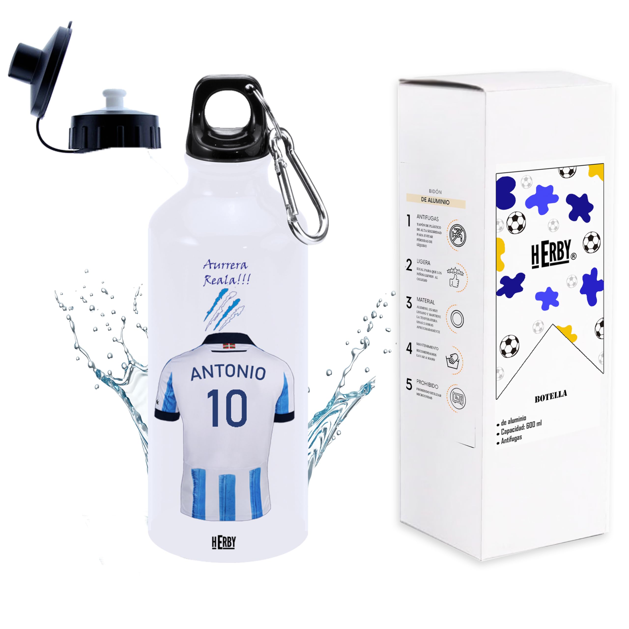 botella de agua del Alaves para niños personalizada con nombre y número es un bidón de aluminio liviano para fanáticos del futbol cantimplora del Alaves de 600 ml con dos tapones(Alavesbidón)