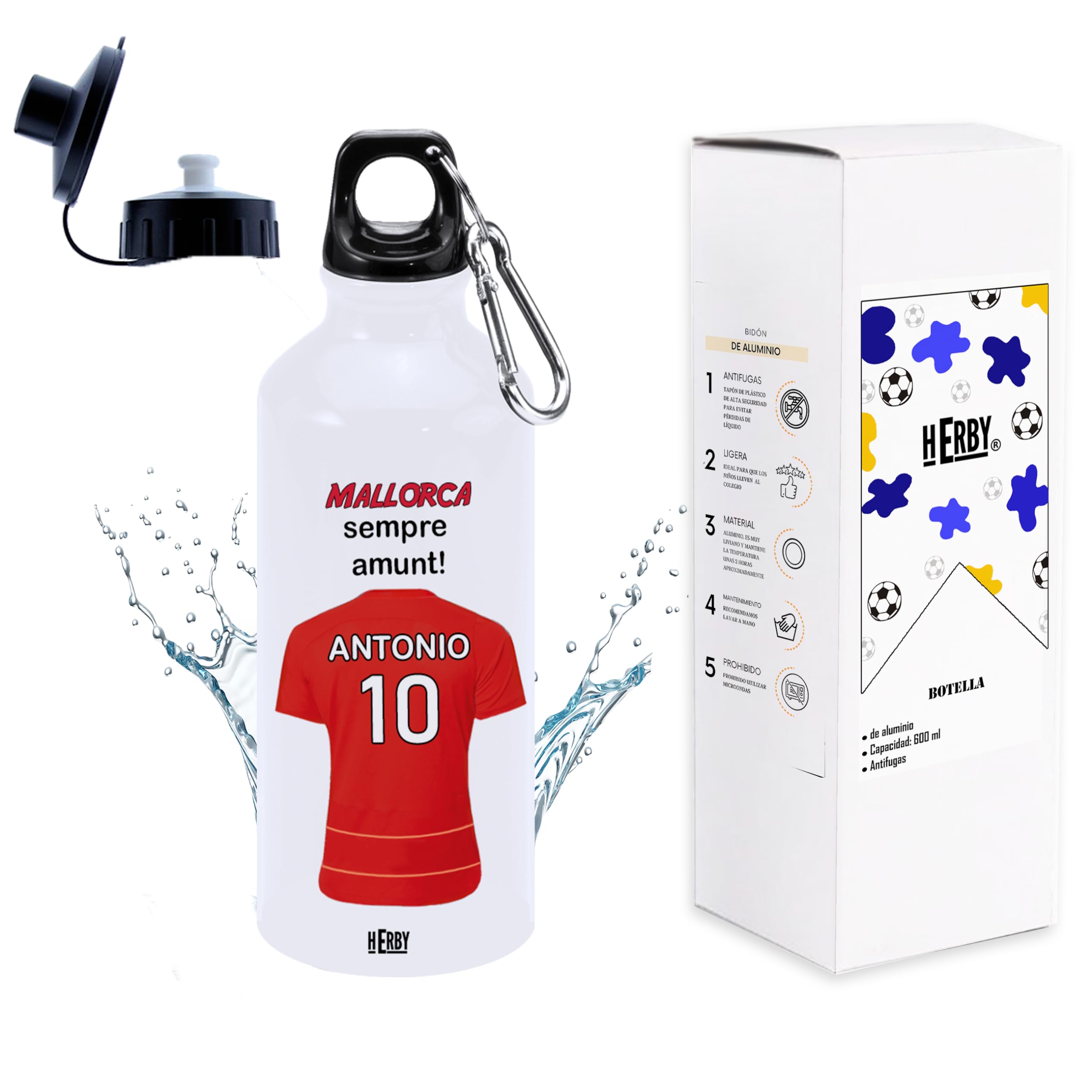botella de agua del Alaves para niños personalizada con nombre y número es un bidón de aluminio liviano para fanáticos del futbol cantimplora del Alaves de 600 ml con dos tapones(Alavesbidón)