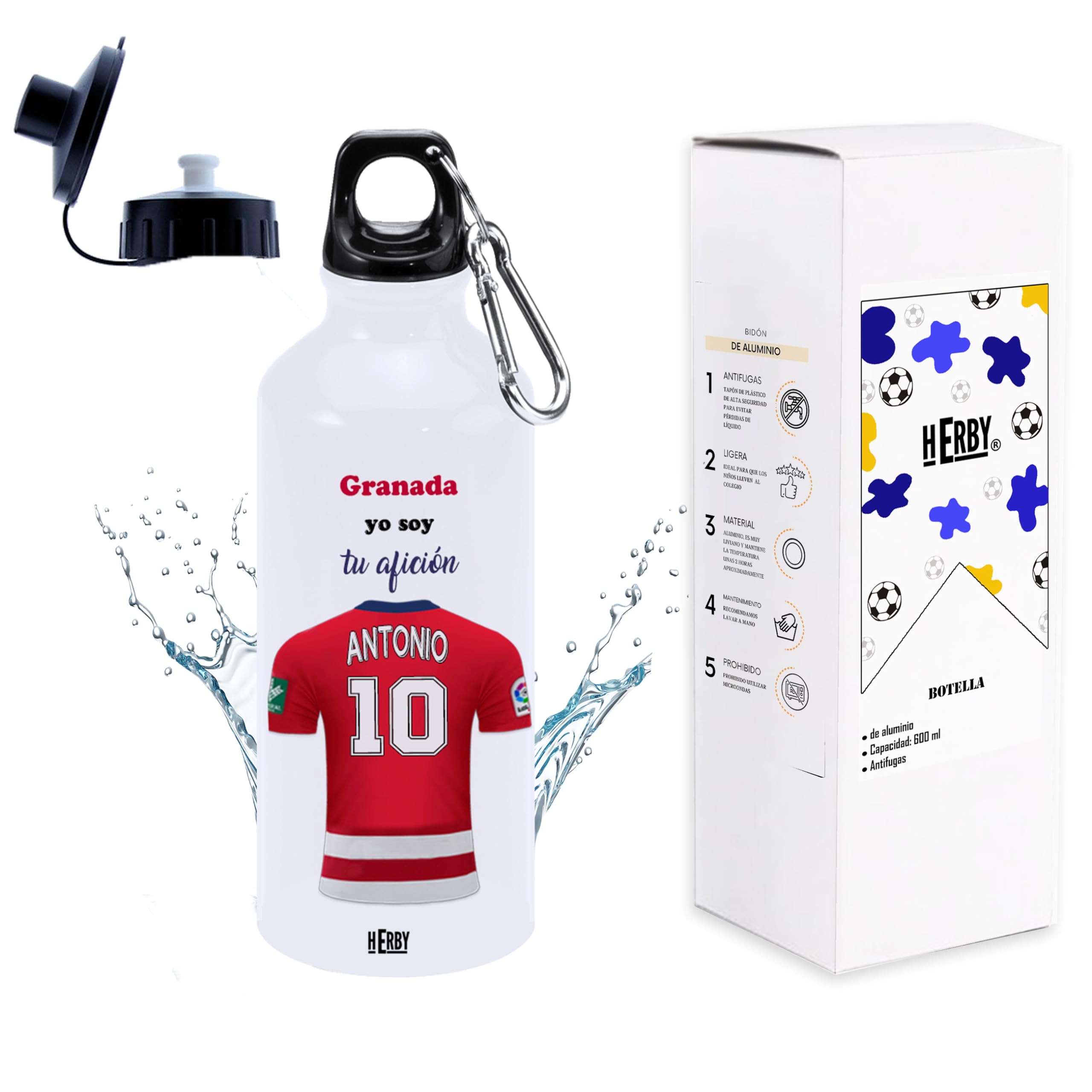 botella de agua del Alaves para niños personalizada con nombre y número es un bidón de aluminio liviano para fanáticos del futbol cantimplora del Alaves de 600 ml con dos tapones(Alavesbidón)