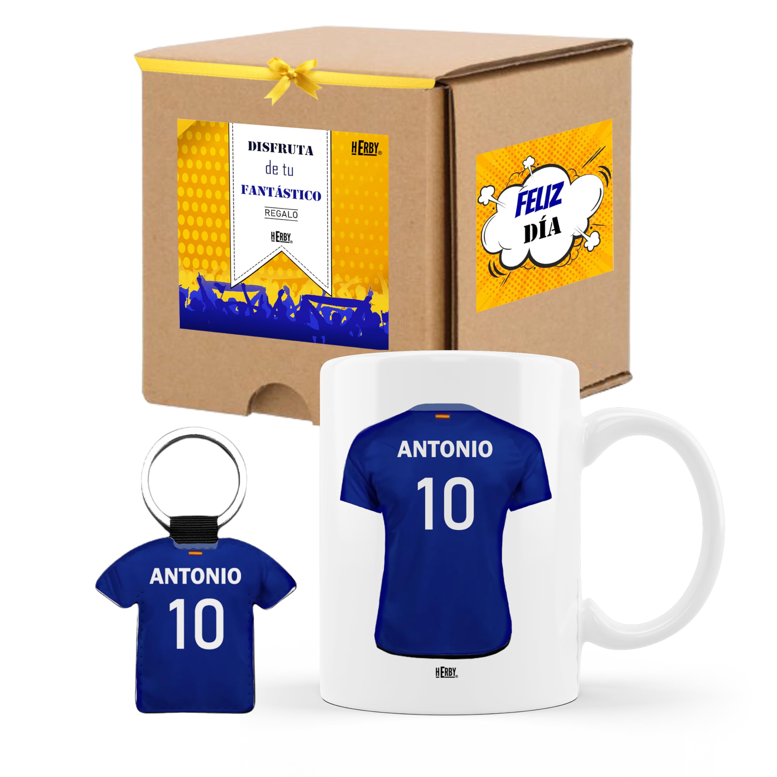 Taza del Almería personalizada con nombre y número más llavero del Almería caja de regalos del Almería taza de cerámica para te café o chocolate de 325 ml regalos para fanáticos del futbol(Almeríax2c)