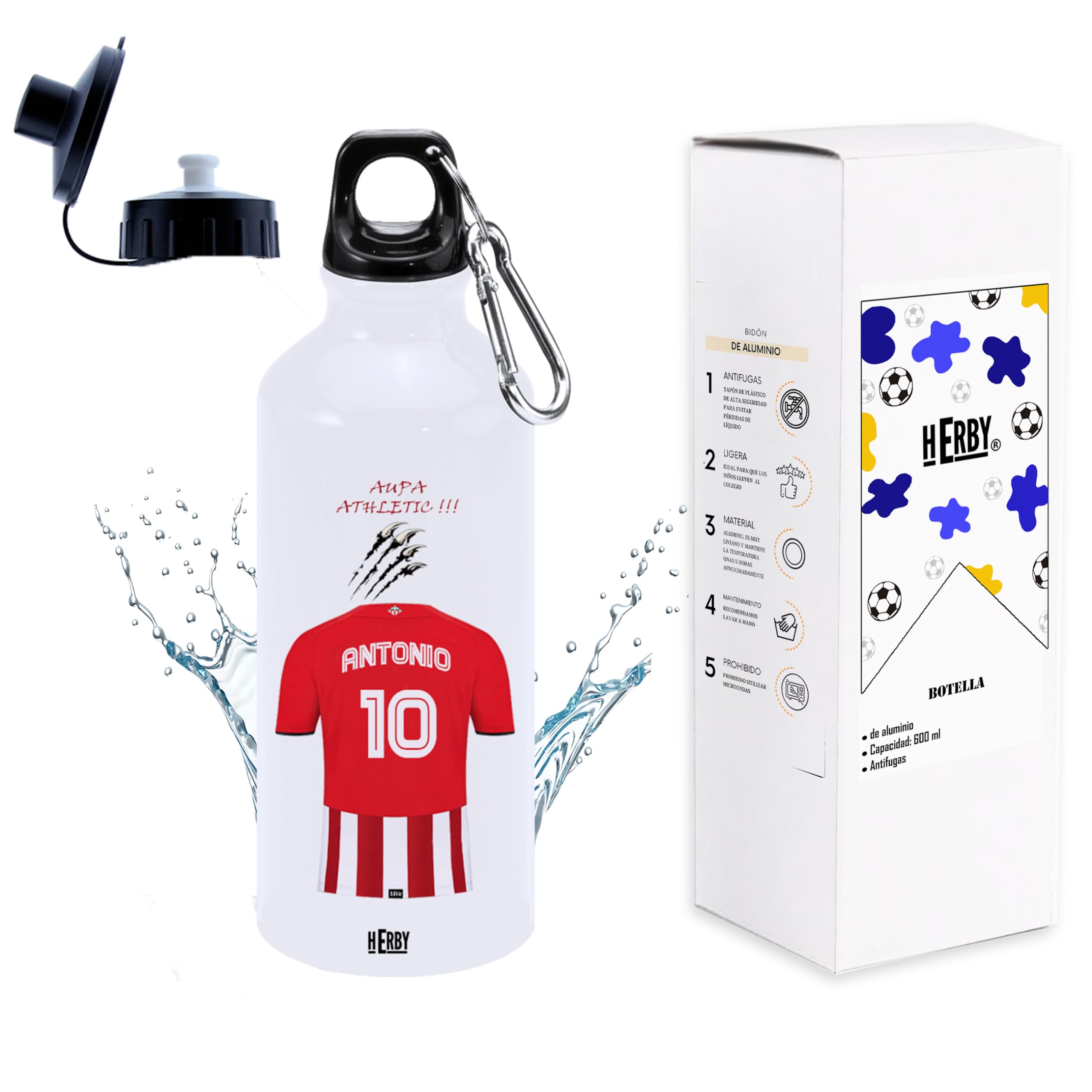 botella de agua del Alaves para niños personalizada con nombre y número es un bidón de aluminio liviano para fanáticos del futbol cantimplora del Alaves de 600 ml con dos tapones(Alavesbidón)