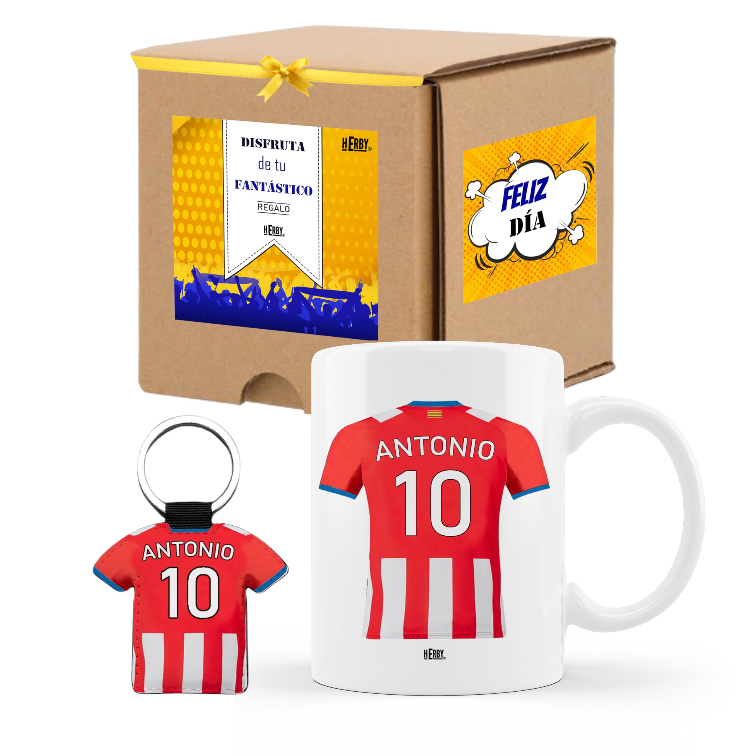 Taza del Almería personalizada con nombre y número más llavero del Almería caja de regalos del Almería taza de cerámica para te café o chocolate de 325 ml regalos para fanáticos del futbol(Almeríax2c)