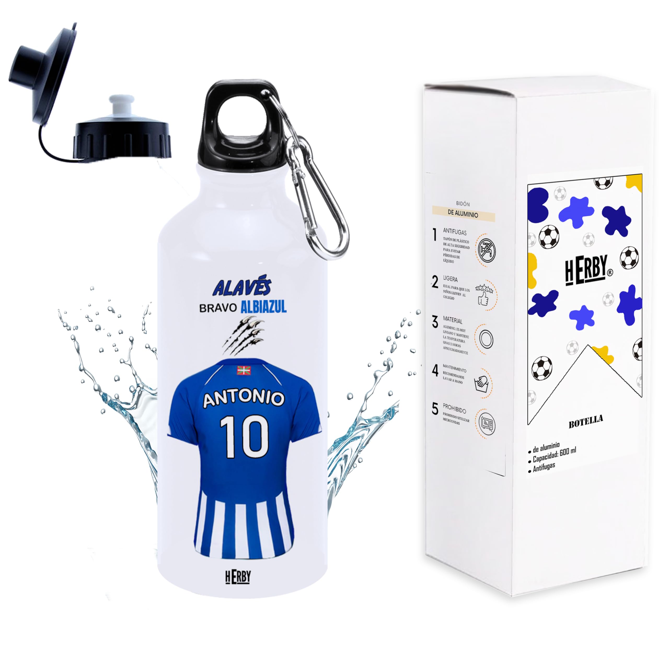 botella de agua del Alaves para niños personalizada con nombre y número es un bidón de aluminio liviano para fanáticos del futbol cantimplora del Alaves de 600 ml con dos tapones(Alavesbidón)