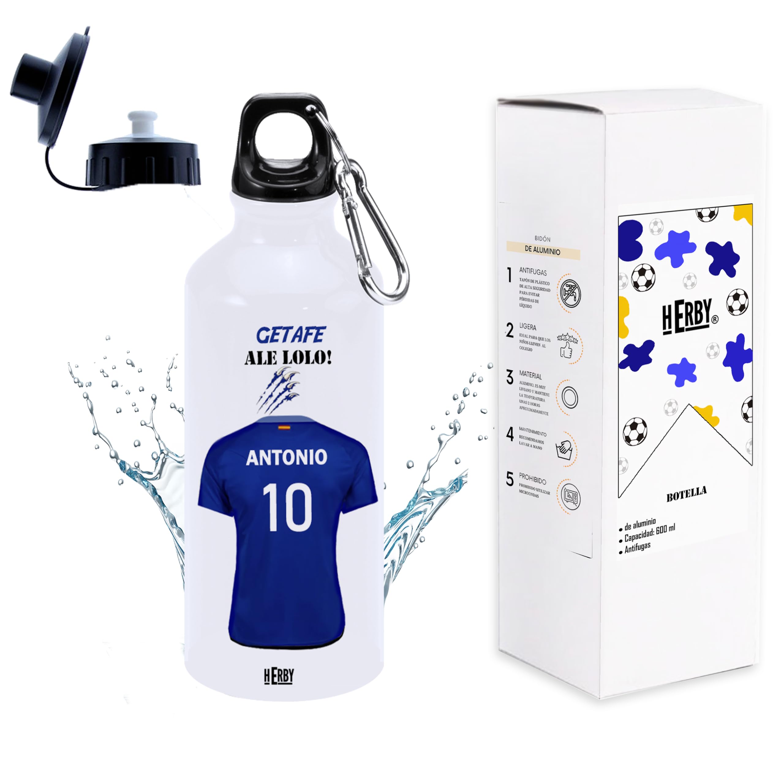 botella de agua del Alaves para niños personalizada con nombre y número es un bidón de aluminio liviano para fanáticos del futbol cantimplora del Alaves de 600 ml con dos tapones(Alavesbidón)