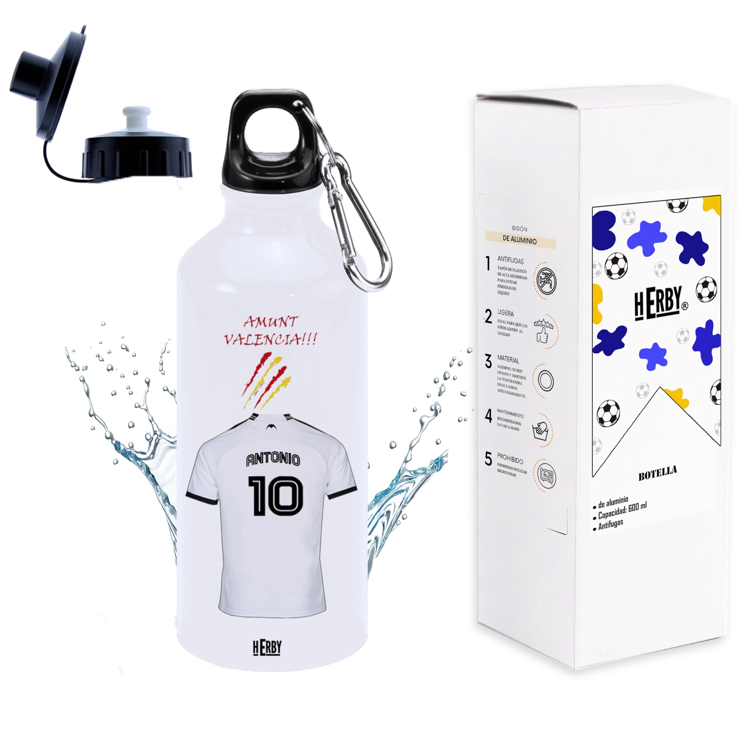botella de agua del Alaves para niños personalizada con nombre y número es un bidón de aluminio liviano para fanáticos del futbol cantimplora del Alaves de 600 ml con dos tapones(Alavesbidón)