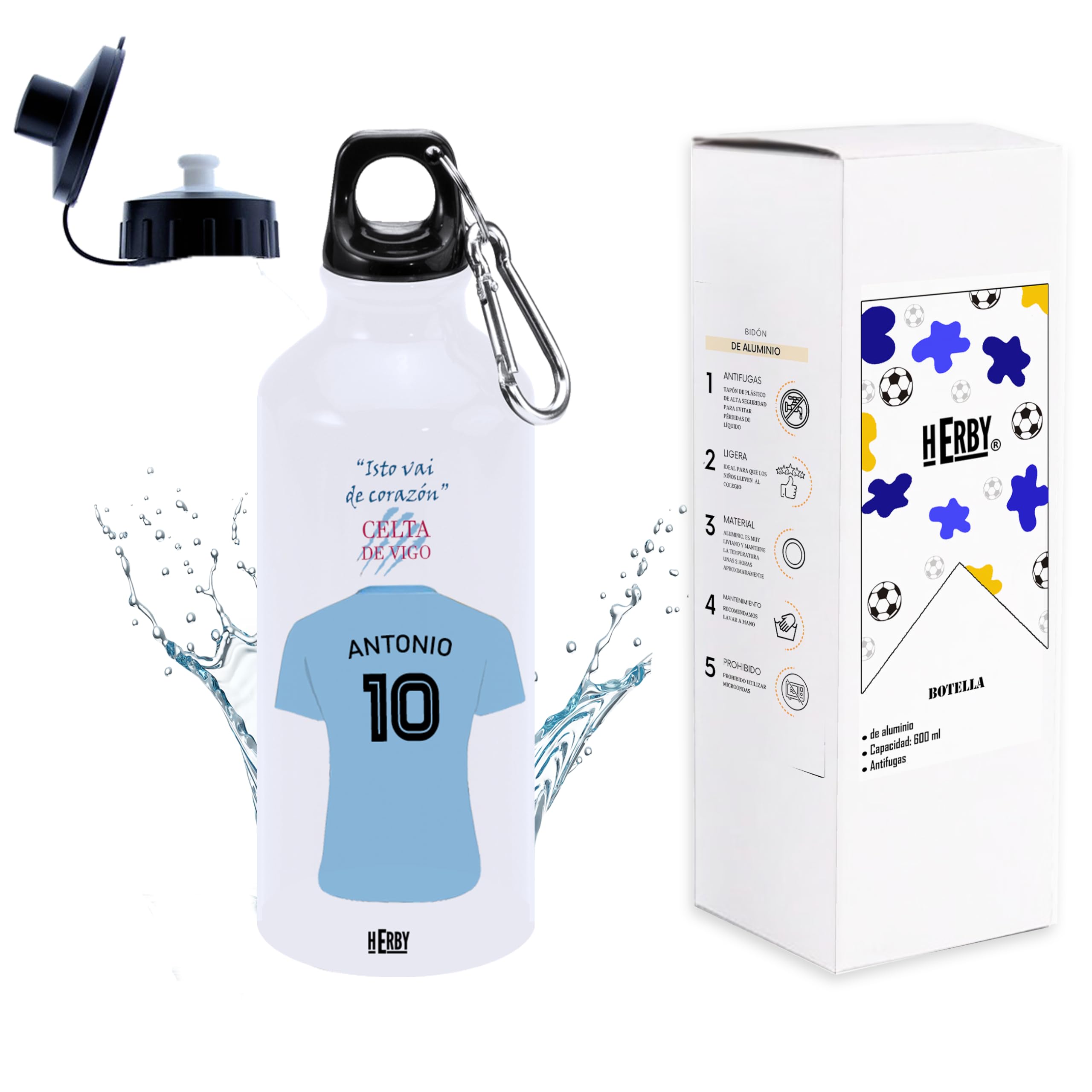 botella de agua del Alaves para niños personalizada con nombre y número es un bidón de aluminio liviano para fanáticos del futbol cantimplora del Alaves de 600 ml con dos tapones(Alavesbidón)