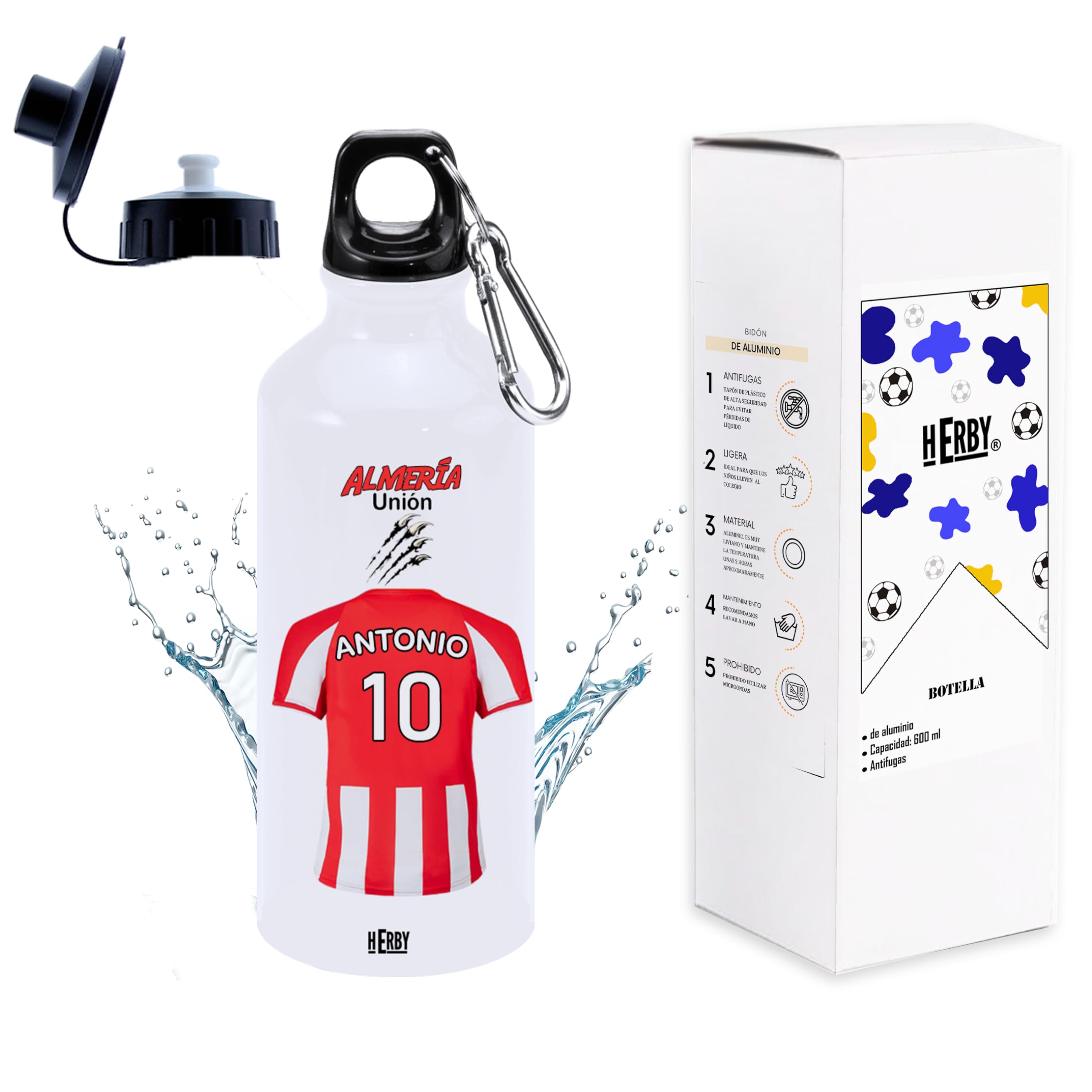 botella de agua del Alaves para niños personalizada con nombre y número es un bidón de aluminio liviano para fanáticos del futbol cantimplora del Alaves de 600 ml con dos tapones(Alavesbidón)