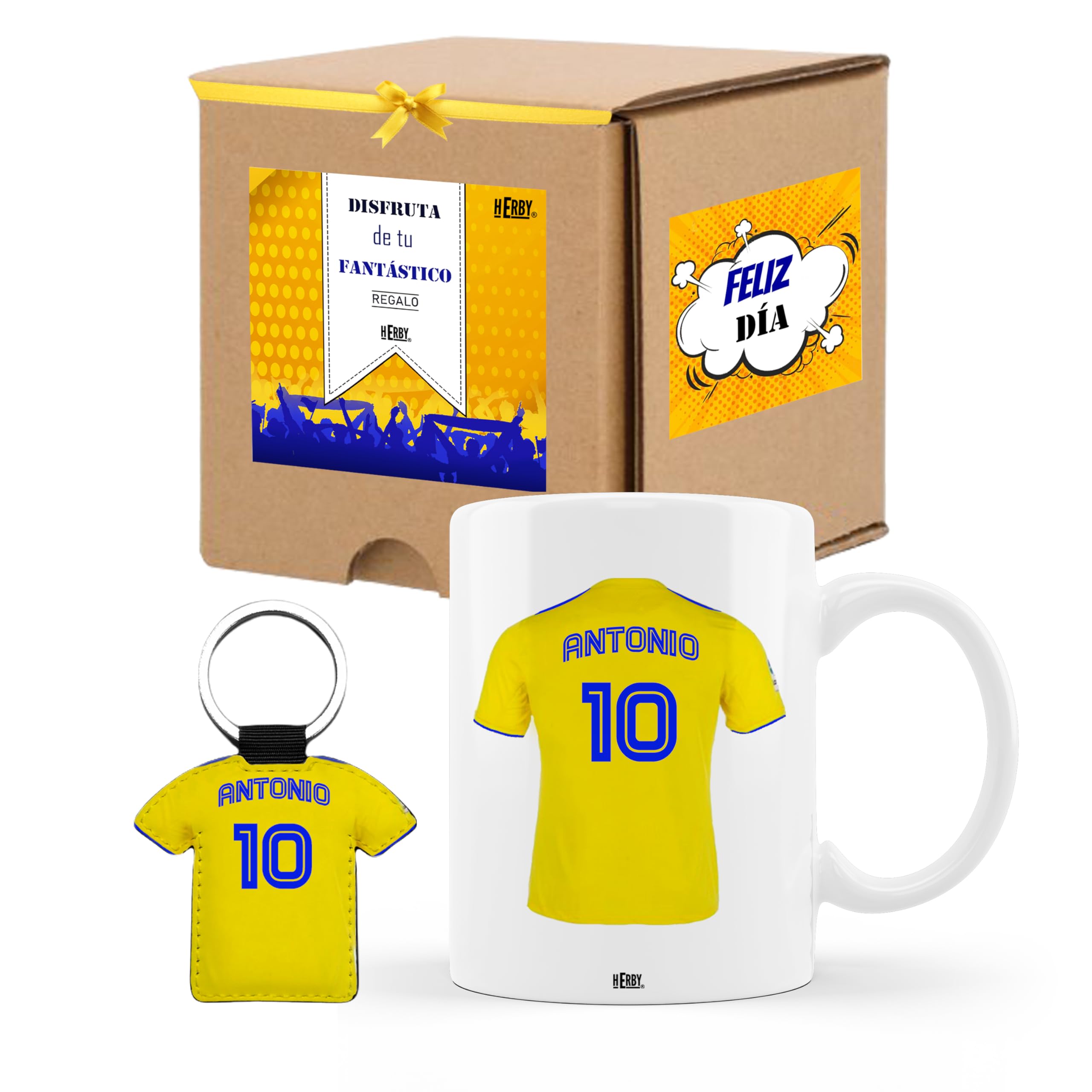 Taza del Almería personalizada con nombre y número más llavero del Almería caja de regalos del Almería taza de cerámica para te café o chocolate de 325 ml regalos para fanáticos del futbol(Almeríax2c)