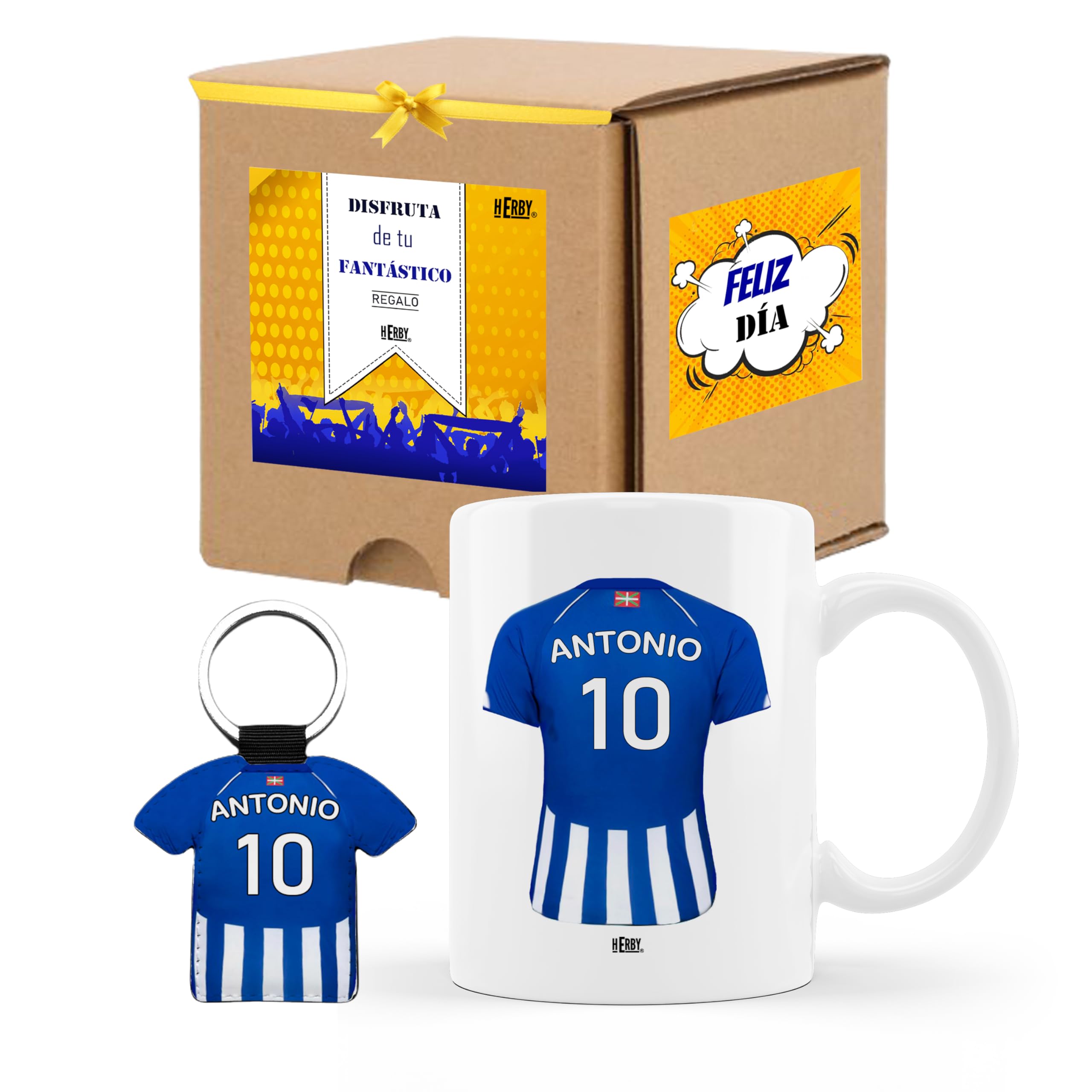Taza del Almería personalizada con nombre y número más llavero del Almería caja de regalos del Almería taza de cerámica para te café o chocolate de 325 ml regalos para fanáticos del futbol(Almeríax2c)