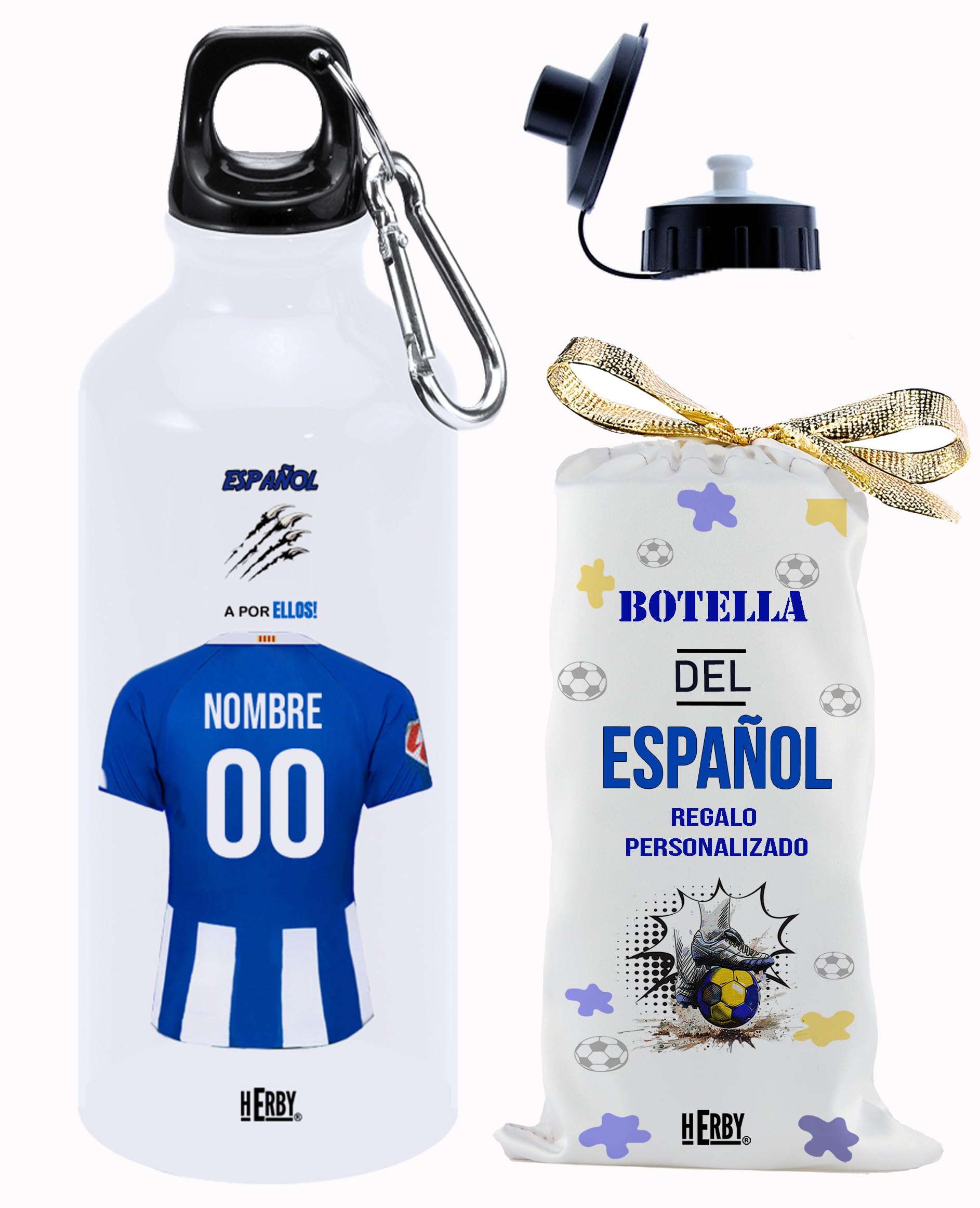botella de agua del Alaves para niños personalizada con nombre y número es un bidón de aluminio liviano para fanáticos del futbol cantimplora del Alaves de 600 ml con dos tapones(Alavesbidón)