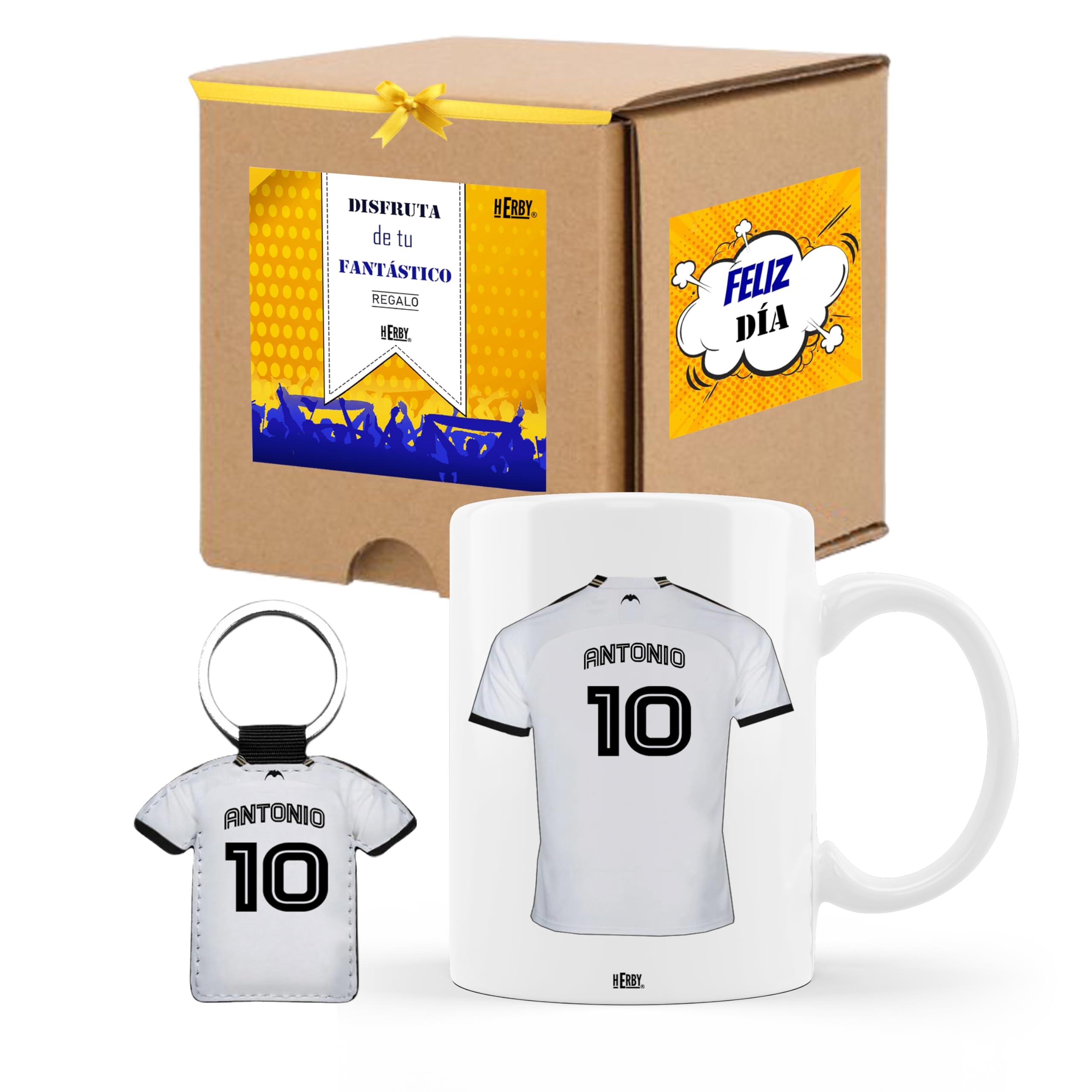 Taza del Almería personalizada con nombre y número más llavero del Almería caja de regalos del Almería taza de cerámica para te café o chocolate de 325 ml regalos para fanáticos del futbol(Almeríax2c)