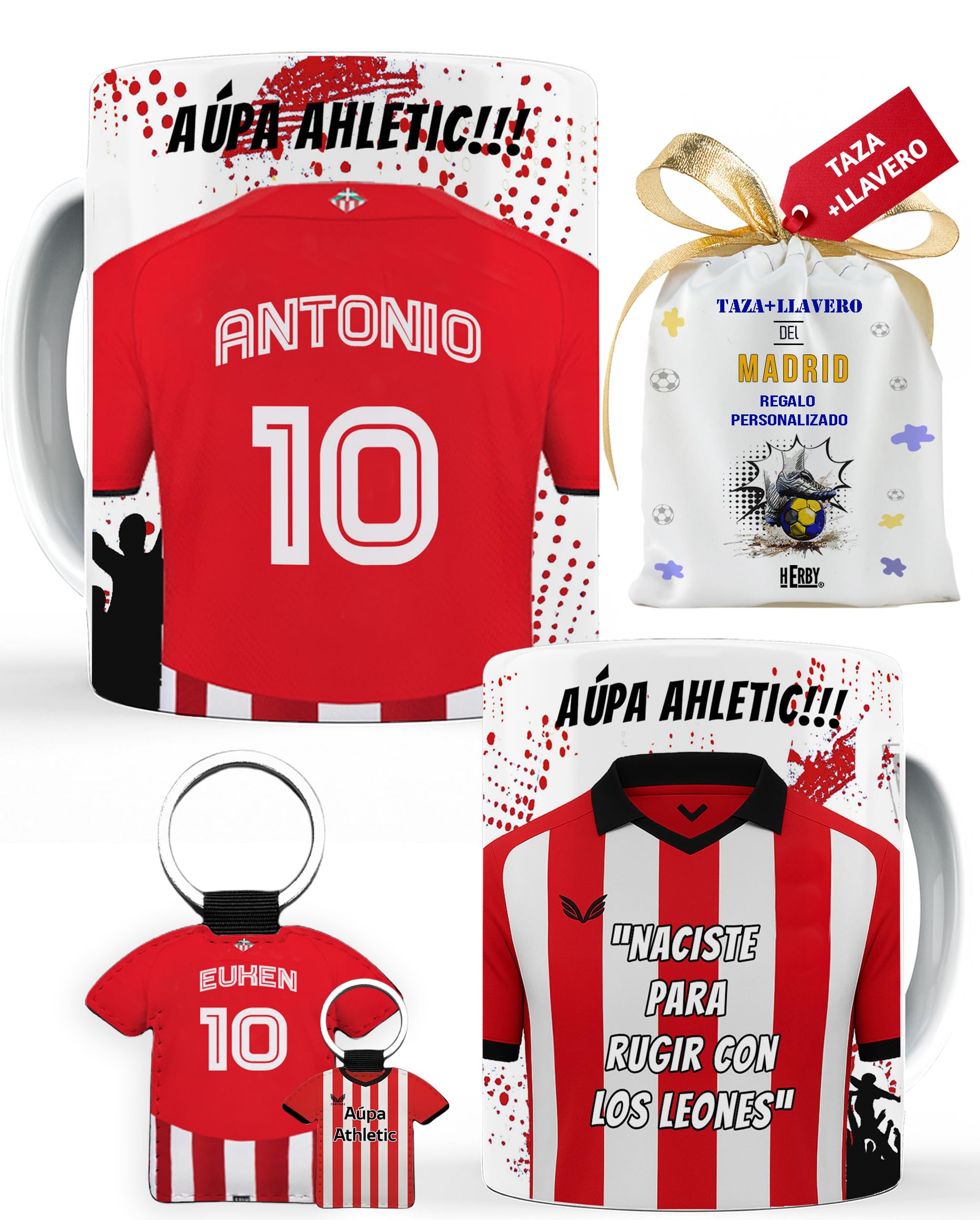 Taza del Almería personalizada con nombre y número más llavero del Almería caja de regalos del Almería taza de cerámica para te café o chocolate de 325 ml regalos para fanáticos del futbol(Almeríax2c)